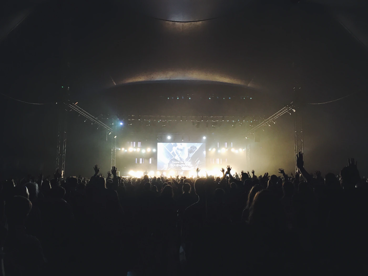 A crowd seen from behind, facing a lit stage at night
