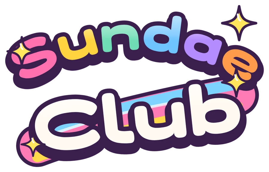 The Sundae Club logo: rainbow bubble letters over a pink ribbon