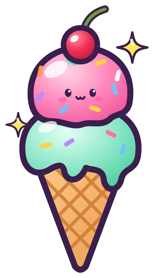 A smiling two-scoop cone, strawberry on mint, with a cherry on top